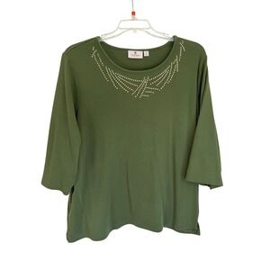 Quacker Factory Women 3X Olive Green Rhinestone Neck 3/4 Sleeve Knit Top